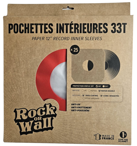 Pochettes intérieures papier rouge doublé antistatique - trou central - coins biseautés pour vinyle 33T x 25 - Etui