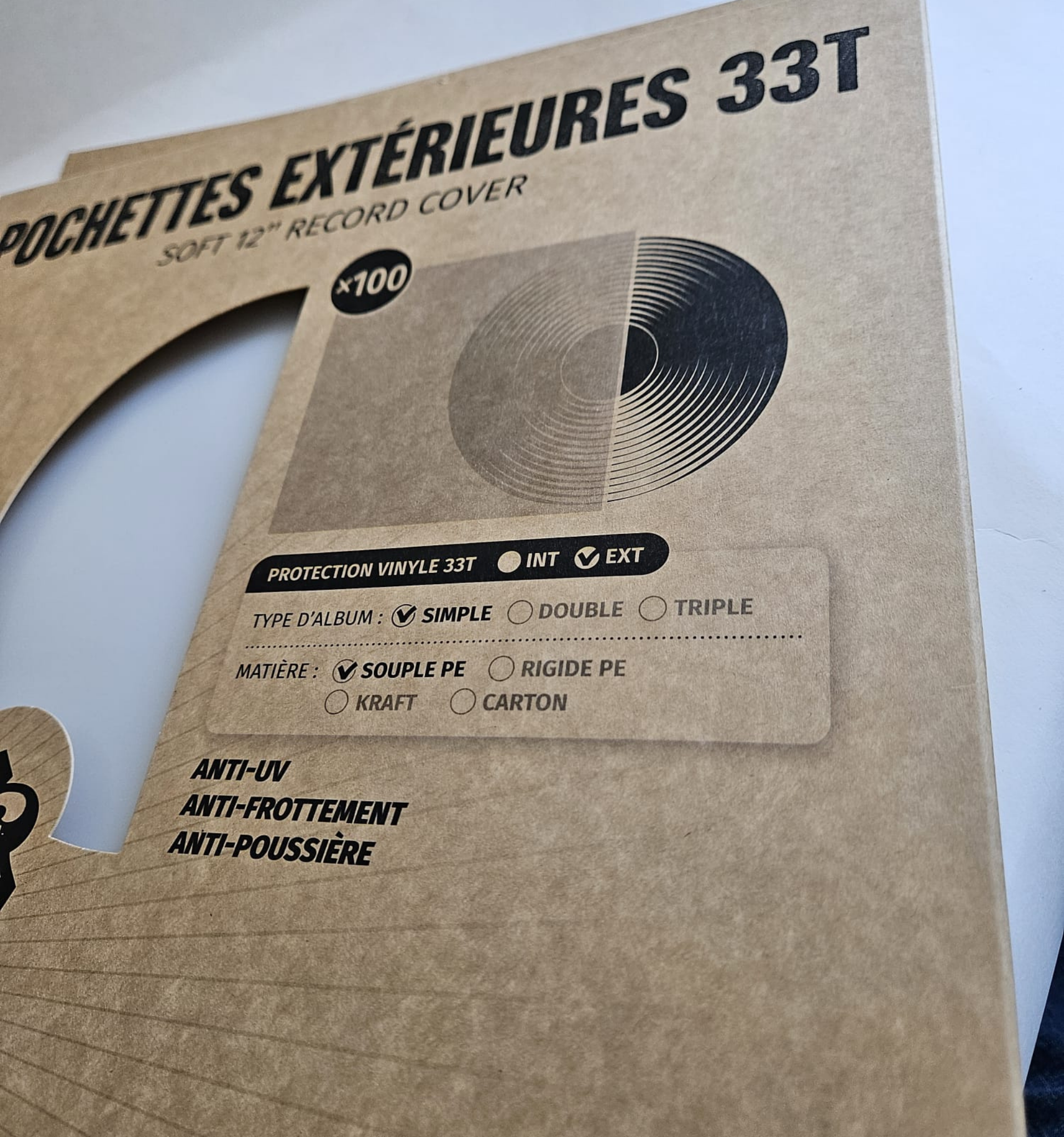 Pochettes extérieures vinyle 33T – PE recyclé 80 microns – Lot de 100 - Etui