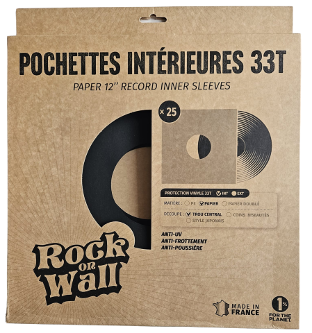 Pochettes intérieures papier noir pour disque vinyle 33T, trou central x 25 - Etui