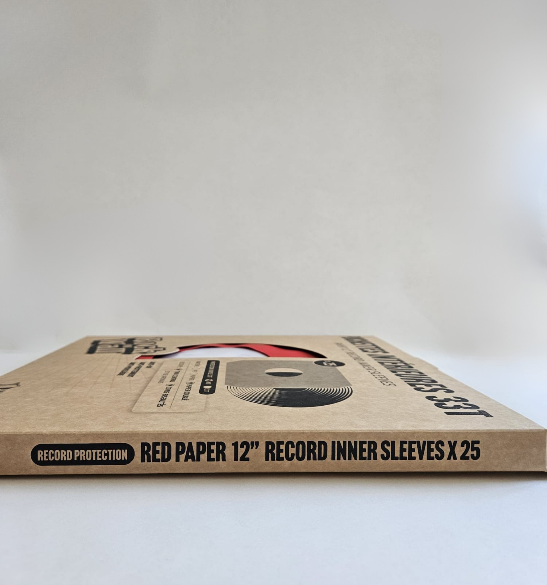 Pochettes intérieures papier rouge doublé antistatique - trou central - coins biseautés pour vinyle 33T x 25 - Etui