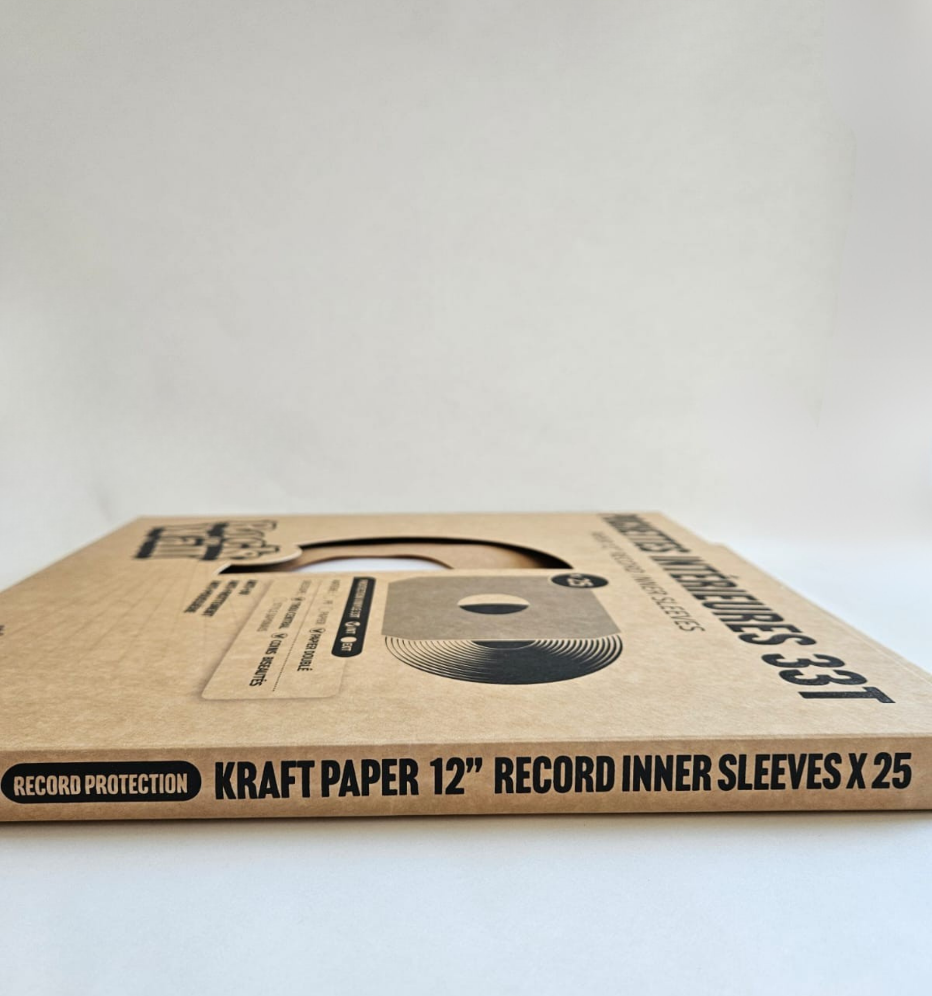 Pochettes intérieures papier kraft doublé antistatique, trou central, coins biseautés pour vinyle 33T x 25 - Etui